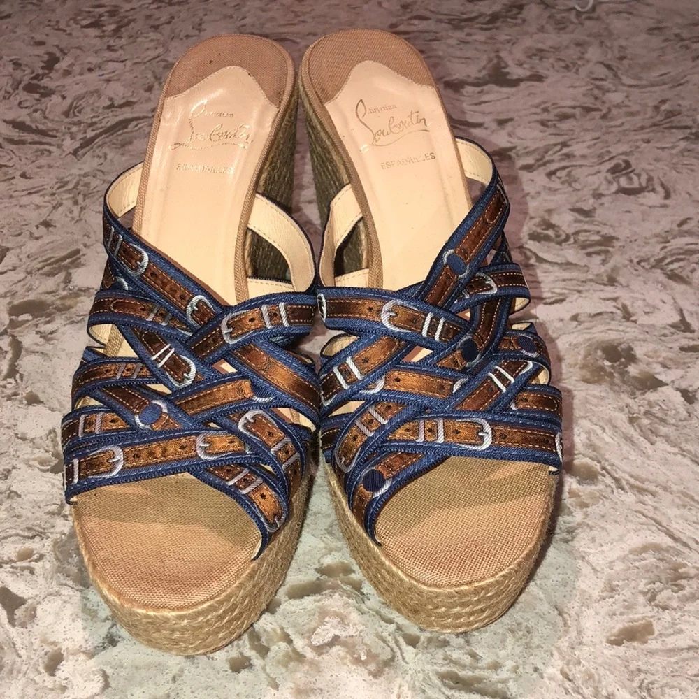 Christian Louboutin Navy and Tan Woven Espadrille Wedge Slides